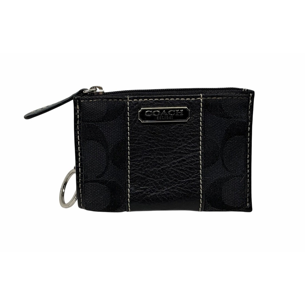 Coach Signature Mini Zip Coin Purse Keychain Wallet Black Canvas Leather